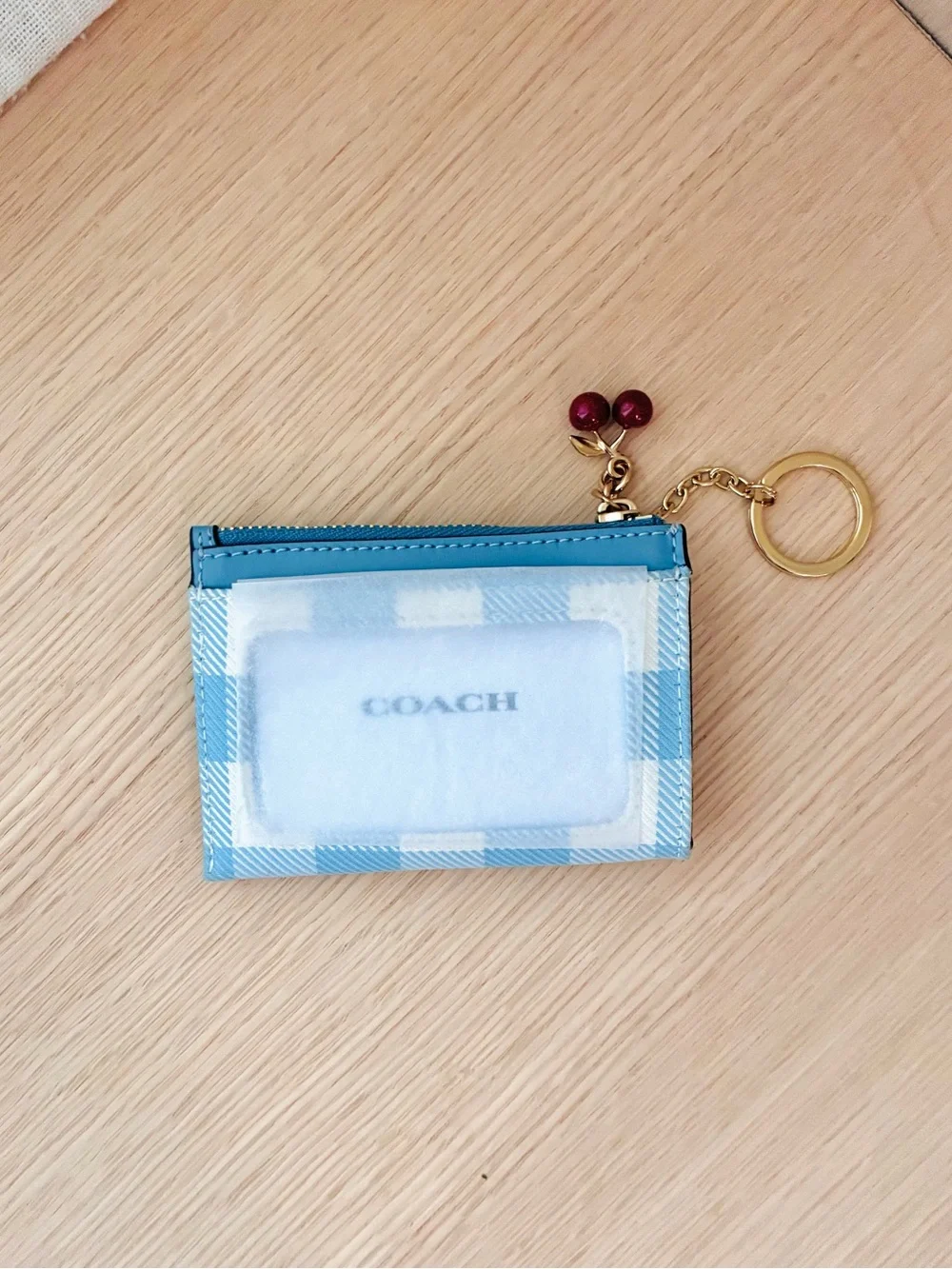 NWT🍬Coach Mini Skinny Id Card Case With Gingham Print Cherry Charm Blue CFA31